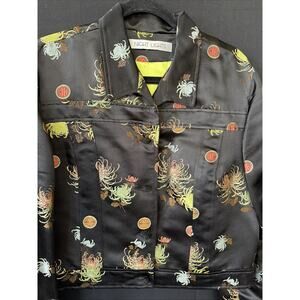 Vintage NIGHT LIGHTS Silk Blend Satin Jacket Asian Embroidered Black SZ 10-12
